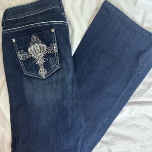 Cello Blue Flare Wide Leg Jeans with Ornate Design
